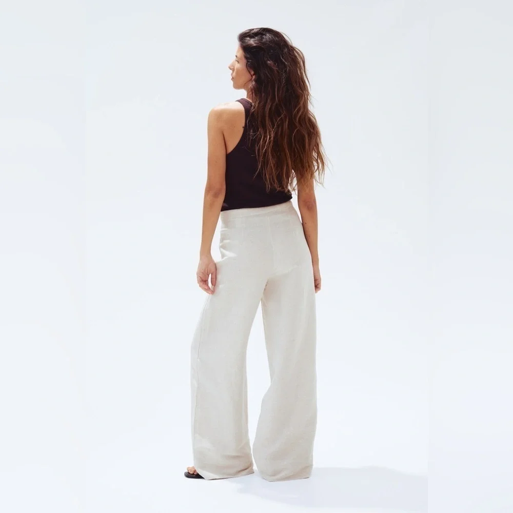 H&M Linen Blend Wide Leg Pants High Waisted Neutral Cream Tan sz 2